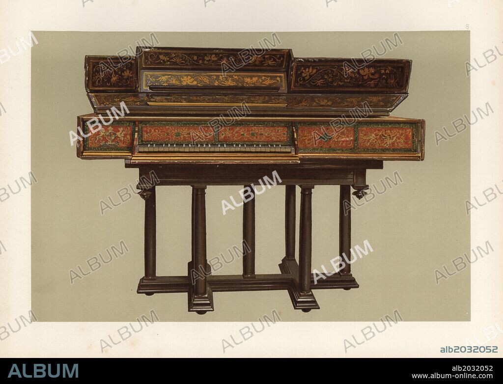 Queen Elizabeth I's virginal, made in Italy circa 1570. Chromolithograph from an illustration by William Gibb from A.J. Hipkins' "Musical Instruments, Historic, Rare and Unique," Adam and Charles Black, Edinburgh, 1888. Alfred James Hipkins (1826-1903) was an English musicologist who specialized in the history of the pianoforte and other instruments. William Gibb was a master illustrator and chromolithographer and illustrated "The Royal House of Stuart" (1890), "Naval and Military Trophies" (1896), and others.