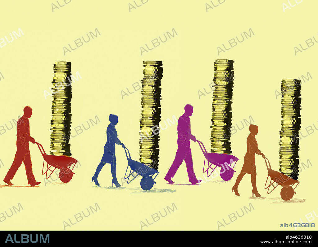 Business people pushing piles of money in wheelbarrows.