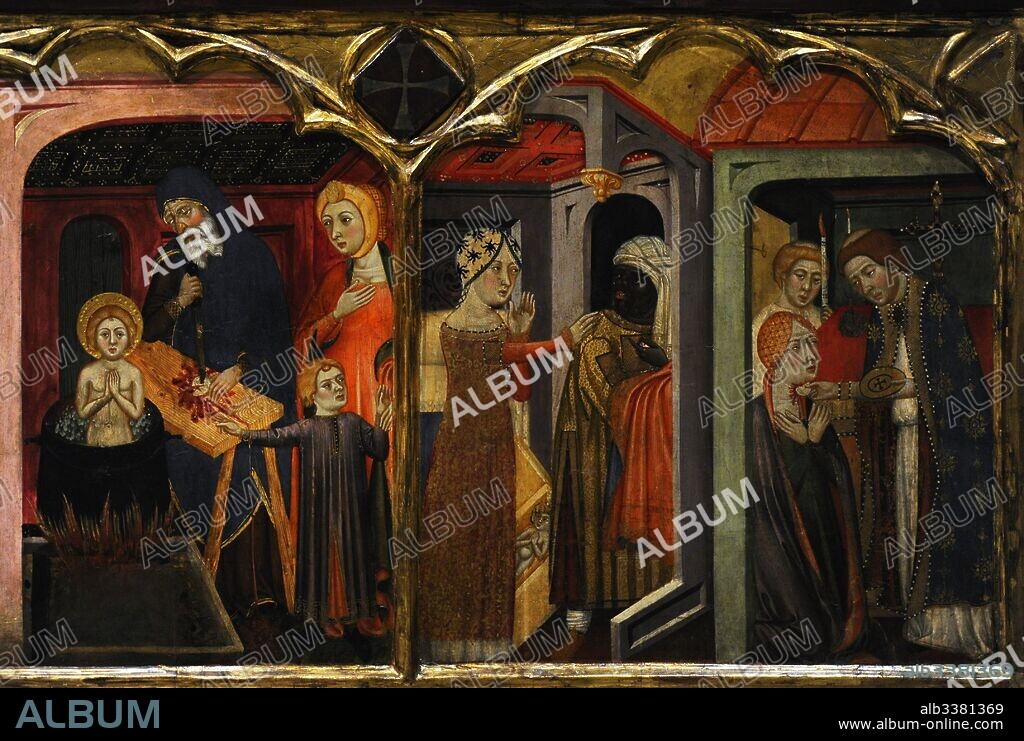 Retablo de la Virgen, hacia 1367-1381. Detalle de la predela con la representación de milagros eucarísticos. Obra de Jaume Serra (activo en Barcelona, 1358-m.1389/1395). Gótico. Procede del Monasterio de Santa María de Sigena (Villanueva de Sigena, provincia de Huesca). Museo Nacional de Arte de Cataluña. Barcelona. Cataluña. España.