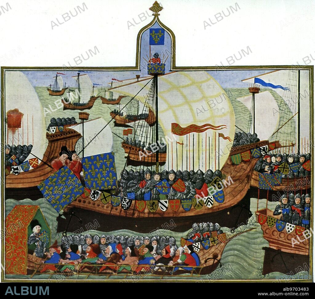 The expedition of French and English knights against the Barbary pirates - from Froissart's Chronicle (British Museum). Froissart's Chronicle was written in French by Jean Froissart. It covers the years 1322 until 1400 and describes the lead up to and the progress of the first half of the Hundred Years' War. For centuries it has been recognized as the chief expression of the chivalric revival of fourteenth-century England and France. The Barbary pirates, also sometimes called Turkish corsairs, were pirates and privateers that operated from north Africa (the "Barbary coast"). ©TopFoto.