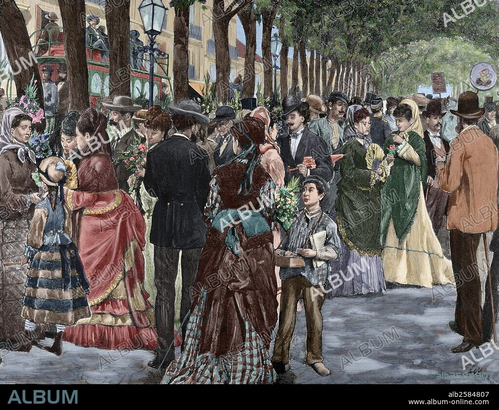 HISTORIA DE CATALUÑA. BARCELONA. "LA RAMBLA DE LAS FLORES". Dibujo de Pellicer. "La Ilustración Española y Americana". Grabado coloreado.