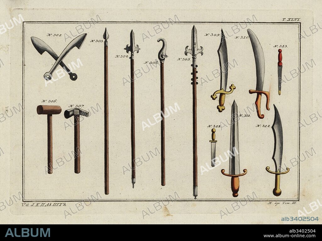 Medieval weapons: Dull swords or kolben for the Kolbenturnier 302, pike 303, halberd 304, partisan 305, wooden battle hammer 306, iron battle hammer 307, lance with crooked spike 308, various swords 309-312, and daggers 313,314. Handcoloured copperplate engraving from Robert von Spalart's Historical Picture of the Costumes of the Principal People of Antiquity and of the Middle Ages, Chez Collignon, Metz, 1810.