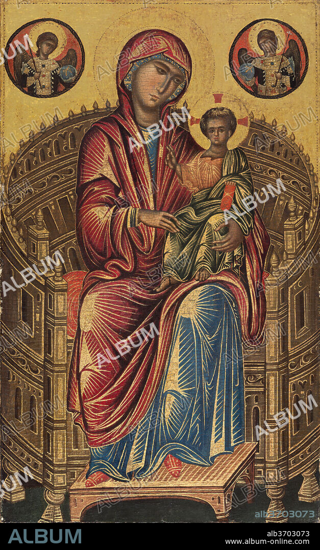 BYZANTINE 13TH CENTURY (POSSIBLY FROM CONSTANTINOPLE). Madonna and Child on a Curved Throne. Dated: c. 1260/1280. Dimensions: painted surface: 82.4 x 50.1 cm (32 7/16 x 19 3/4 in.)  overall: 84 x 53.5 cm (33 1/16 x 21 1/16 in.)  framed: 90.8 x 58.3 x 7.6 cm (35 3/4 x 22 15/16 x 3 in.). Medium: tempera on linden panel.