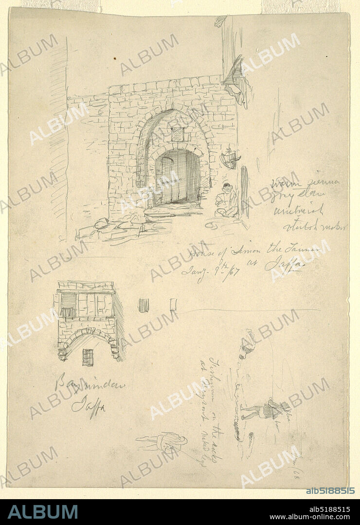 Sketches of the House of Semon the Tanner, Jaffa, Palestine [Tel-Aviv, Israel] and Fishermen on the Rocks at Beyrout, Syria [Beirut, Lebanon], Frederic Edwin Church, American, 18261900, Graphite on paper, Horizontal view of the lower part of a house, standing on a corner of a street. The gateway shows two arches, the door is open and a man sits in the street in the corner beneath a device with a part of an adjoining house shown, at top of sheet; a group of projecting windows supported by an art, at bottom left of sheet; and a fisherman shown from the left back stands upon rocks at the shore, with a walking fisherman shown beneath at the bottom right of sheet., January 1868, figures, Drawing, Drawing.
