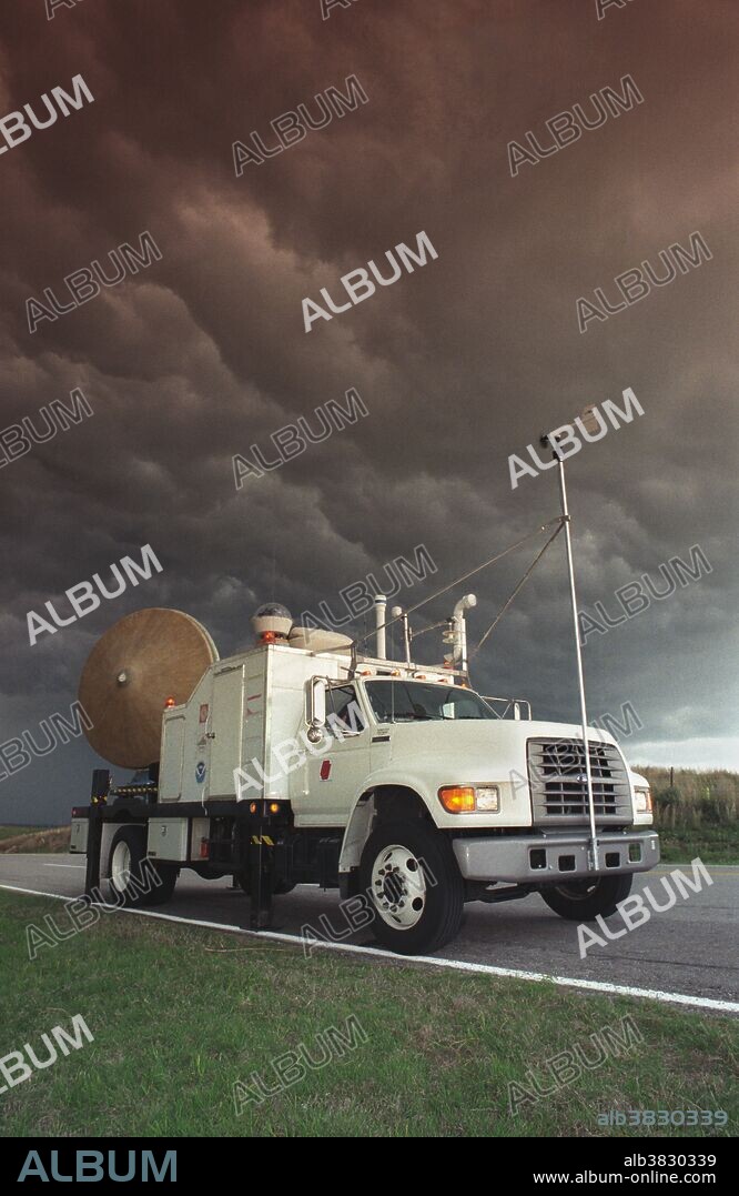 A Doppler on Wheels portable weather radar truck (also called DOW) scans a severe thunderstorm in Oklahoma.