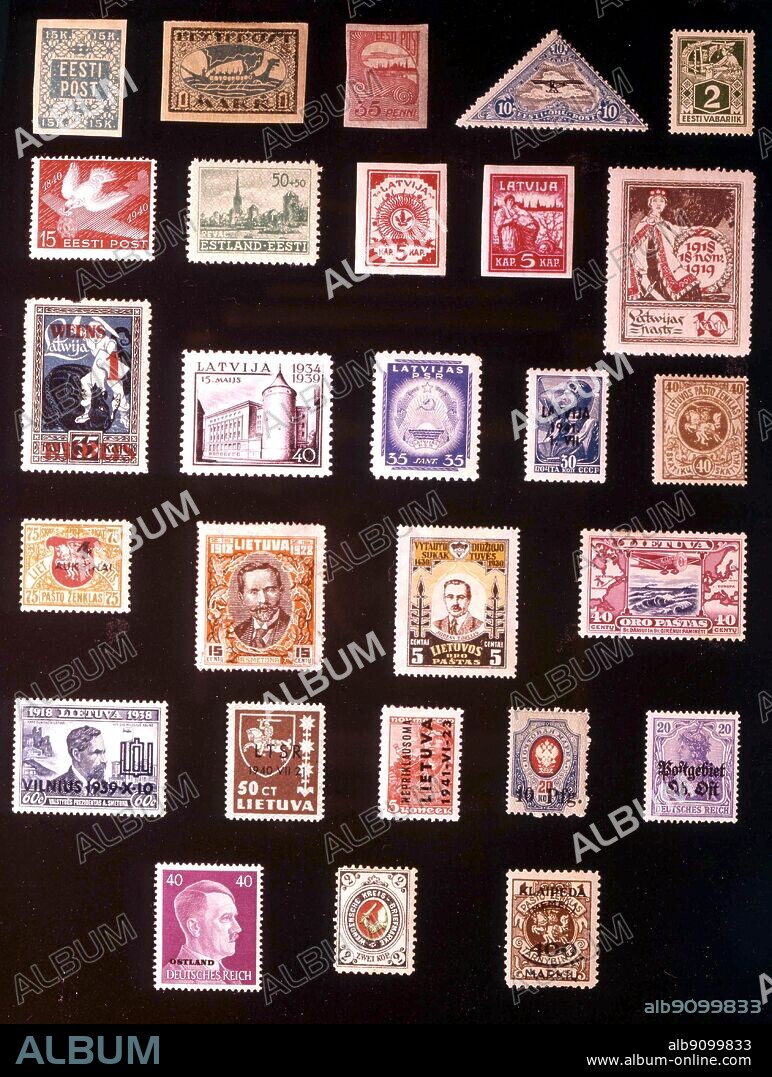 EUROPE - THE BALTIC STATES: (left to right) 1. Estonia, 15 kopeks, 1918, 2. Estonia, 1 marka, 1919, 3. Estonia, 35 penni, 1920, 4. Estonia, 10 marka, 1925, 5. Estonia, 2 marka, 1922, 6. Estonia, 15 senti, 1940, 7. Estonia, 50 + 50 kopeks, 1941, 8. Latvia, 5 kapeikas, 1918, 9. Latvia, 5 kapeikas, 1919, 10. Latvia, 10 kapeikas, 1919, 11. Latvia, 1 rubli, 1920, 12. Latvia, 40 santimi, 1939, 13. Latvia, 35 santimi, 1940, 14. Latvia, 30 kopeks, 1941, 15. Lithuania, 40 skatiku, 1919, 16. Lithuania, 4 auksinai, 1922, 17. Lithuania, 15 centu, 1928, 18. Luthuania, 5 centai, 1920, 19. Lithuania, 40 centu, 1934, 20. Lithuania, 60 centu, 1939, 21. Lithuania, 50 centu, 1940, 22. Lithuania, 5 kopeks, 1941, 23. Dorpat, 40 pfennigs, 1918, 24. German Eastern Command, 20 pfennigs, 1916, 25. Ostland, 40 pfennigs, 1941, 26. Wenden, 2 kopeks, 1893, 27. Memel, 400 markiu, 1923.