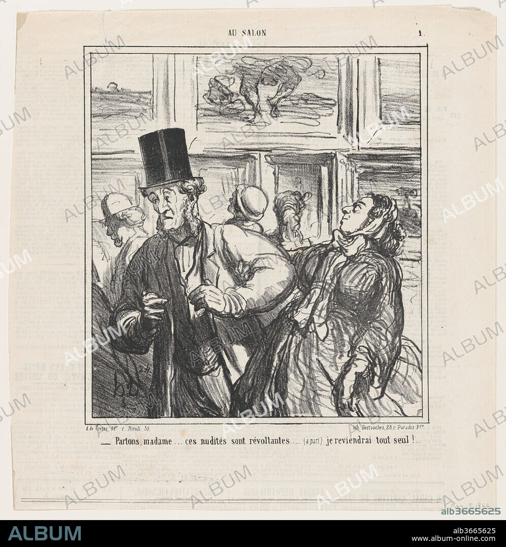 Let's leave Madame... these nudes are revolting... (aside) I'll come back later., from 'At the Salon,' published in Le Charivari, May 5, 1866. Artist: Honoré Daumier (French, Marseilles 1808-1879 Valmondois). Dimensions: Image: 8 11/16 × 7 15/16 in. (22 × 20.1 cm)
Sheet: 12 1/16 × 11 9/16 in. (30.6 × 29.4 cm). Printer: Destouches (Paris). Publisher: Arnaud de Vresse. Series/Portfolio: 'At the Salon' (Au Salon). Date: May 5, 1866.