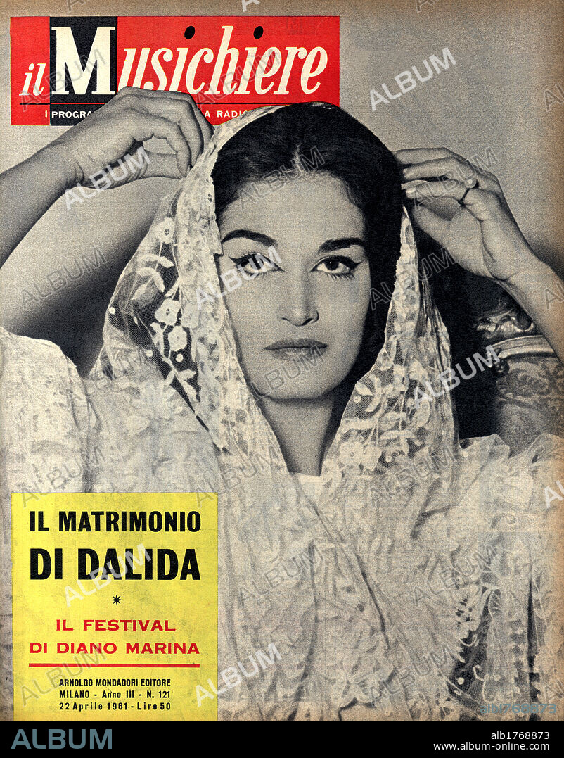 Dalida on a weekly magazine cover. The Italian singer Dalida on the weekly magazine il Musichiere cover. 21st April 1961.