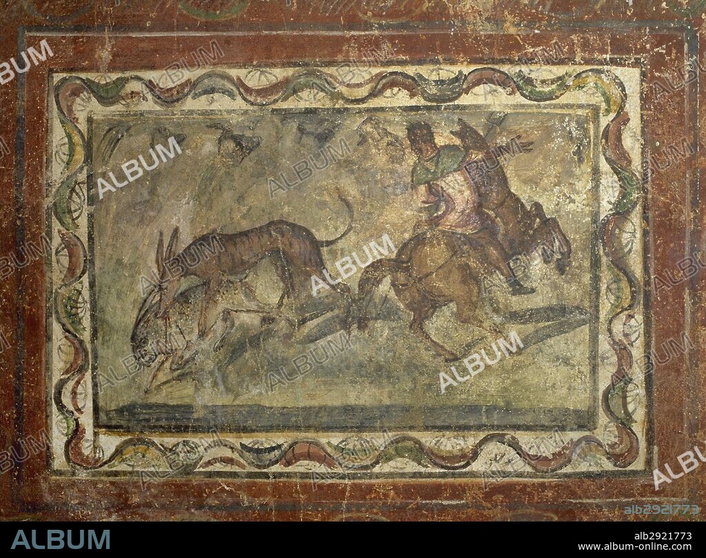 Hunting scene. Roman painting. Domus. 4th C. From Merida(Augusta Emerita). National Museum of Roman art. Merida. Spain.