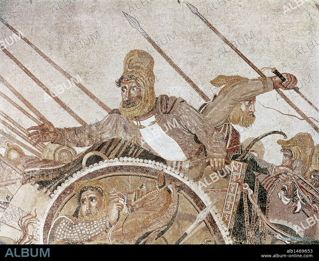 DARIO III Codomano (m.330 aC). Rey de Persia (h.336-330 aC). Últiimo monarca aqueménida. Detalle de DARIO III en el MOSAICO que representa la BATALLA DE ISSOS (200 aC). Procede de Pompeya. Museo Nacional de Nápoles. Italia.