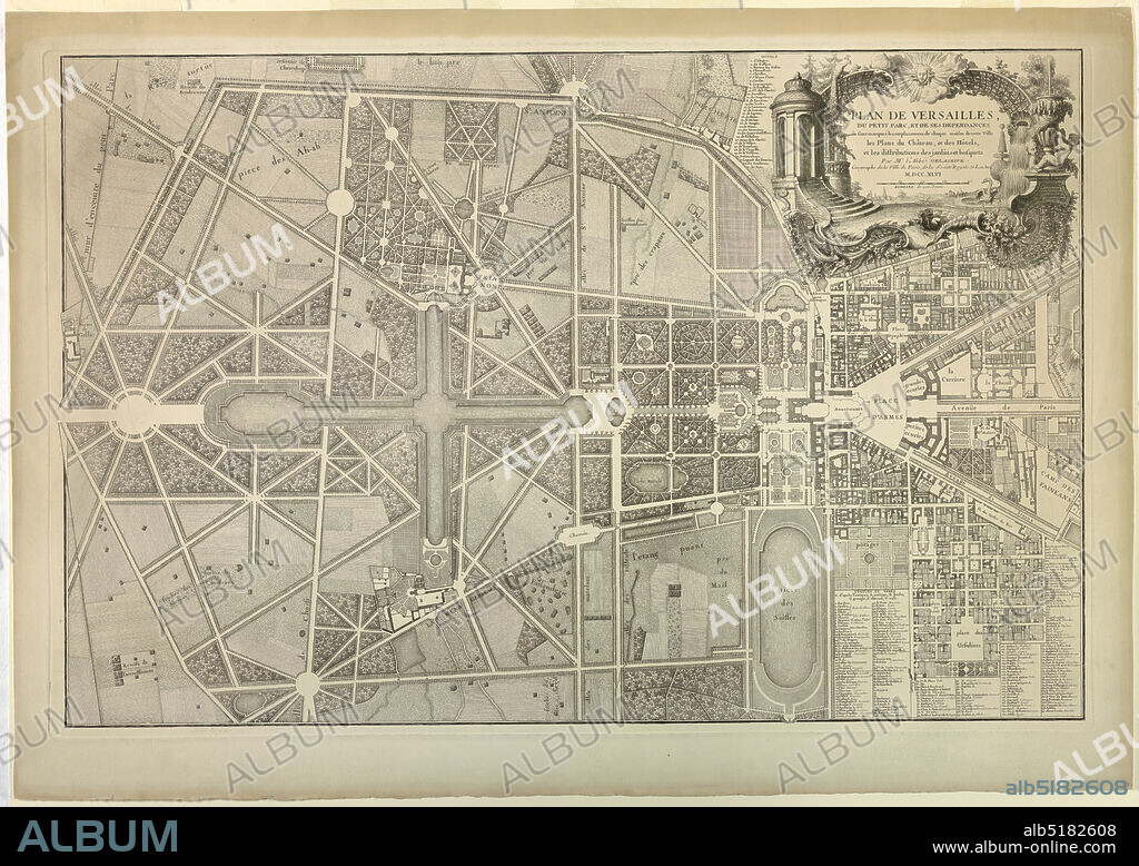 Plan of the Gardens at Versailles, Jean de la Grive, French, 1689 - 1757, Engraving on paper, Plan of the gardens at Versailles, showing also the layout of teh chateau and town. Upper right, cartouche bearing title, date, and scale. Lower right, key., France, 1746, architecture, Print, Print.