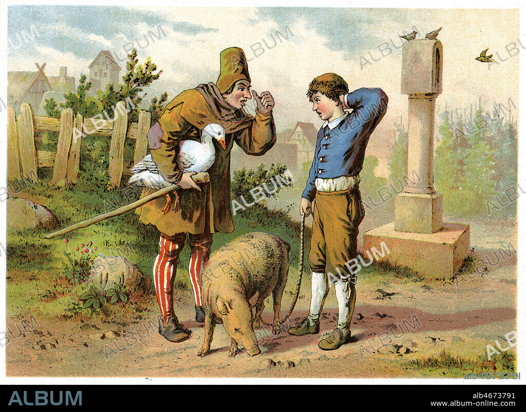 Jean le Veinard, conte de Grimm, sorte de farce paysanne. Jean va echanger son cochon contre une oie. Illustration par Offterdinger in Jean le Chanceux vers 1885. Credit Collection Kharbine Tapabor.