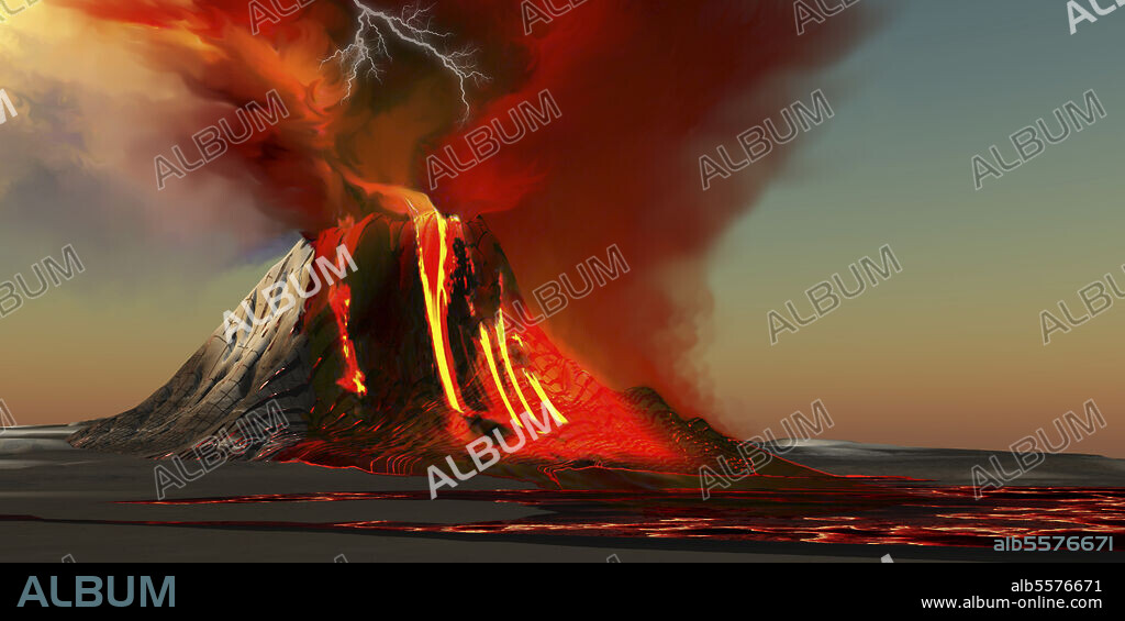 The Kilauea volcano erupts on the island of Hawaii with plumes of fire and smoke. Rivers of lava head to the ocean making new land.