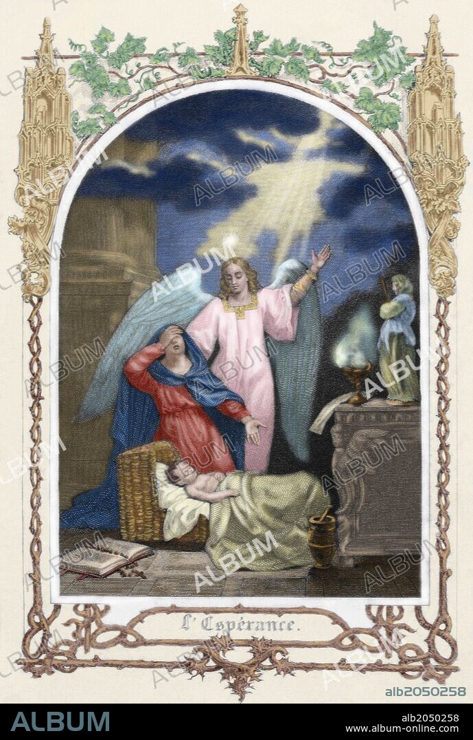 "SANTA MONICA CONFIANDO EN QUE DIOS SALVE A SU HIJO". Alegoría sobre la Esperanza. Grabado coloreado del siglo XIX.
