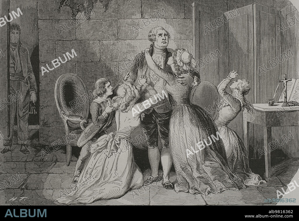 Louis XVI (1754-1793). King of France (1774-1792). In 1770 he married Marie-Antoinette. Louis XVI farewells his wife and children on the night of 20 January 1793. On the following morning he was guillotined on a gallows installed in the Place de la Révolution in Paris. Engraving. "Los Héroes y las Grandezas de la Tierra". Volume V. 1855.