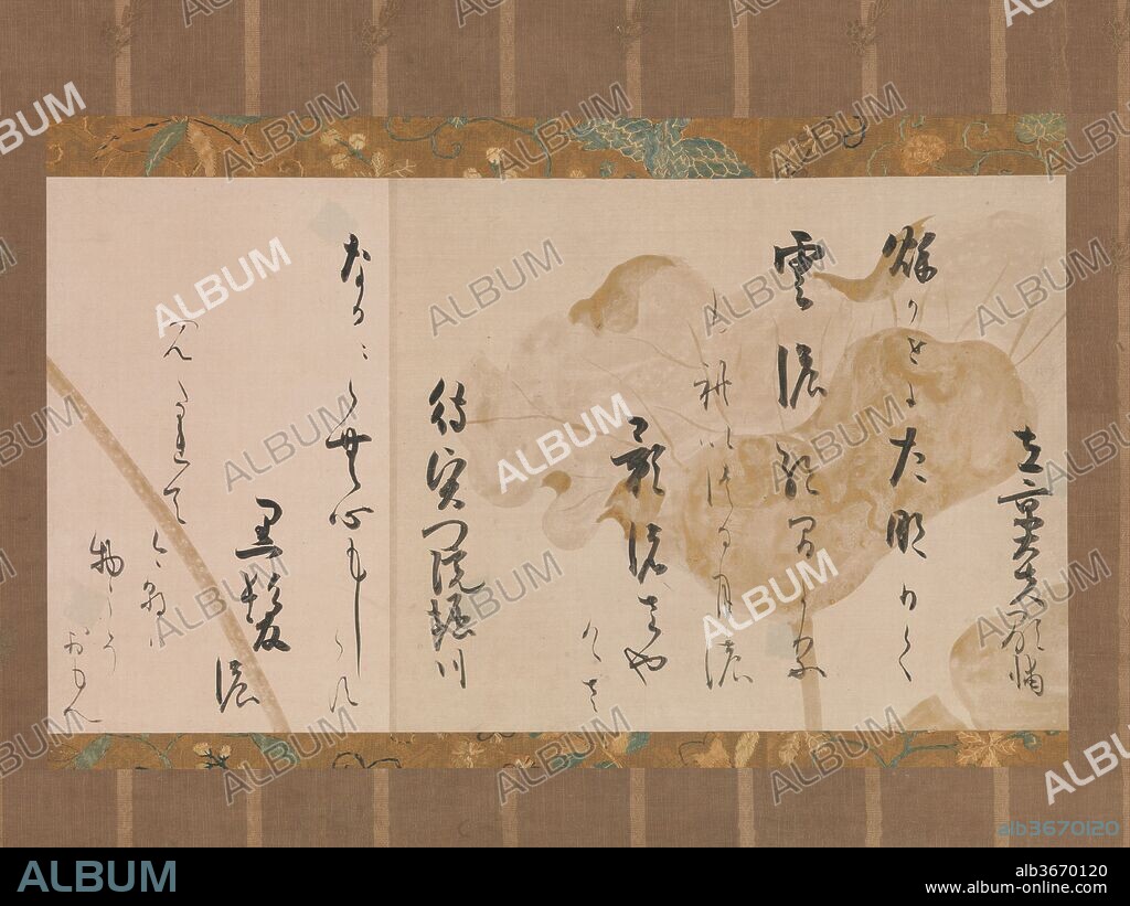 Two Poems from One Hundred Poems by One Hundred Poets (Ogura hyakunin isshu). Artist: Hon'ami Koetsu (Japanese, 1558-1637); Painting by Tawaraya Sotatsu (Japanese, died ca. 1640). Culture: Japan. Dimensions: Image: 13 × 23 3/4 in. (33 × 60.4 cm)
Overall with mounting: 49 5/8 × 29 1/8 in. (126 × 73.9 cm)
Overall with knobs: 49 5/8 × 31 5/16 in. (126 × 79.5 cm). Date: ca. 1615-20.
This fragment once belonged to a handscroll featuring the poetry of the entire anthology One Hundred Poems by One Hundred Poets. The underpainting in gold and silver by Tawaraya Sotatsu describes the life cycle of the lotus--a plant associated with Buddhism. 
The two poems here are by Fujiwara no Akisuke (1090-1155) and Lady Horikawa (active late 12th century).