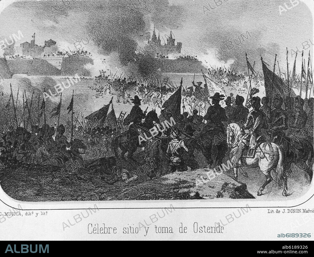 CARLOS MUGICA Y JULIO DONON. CELEBRE SITIO Y TOMA DE OSTENSE - GRABADO SIGLO XIX.