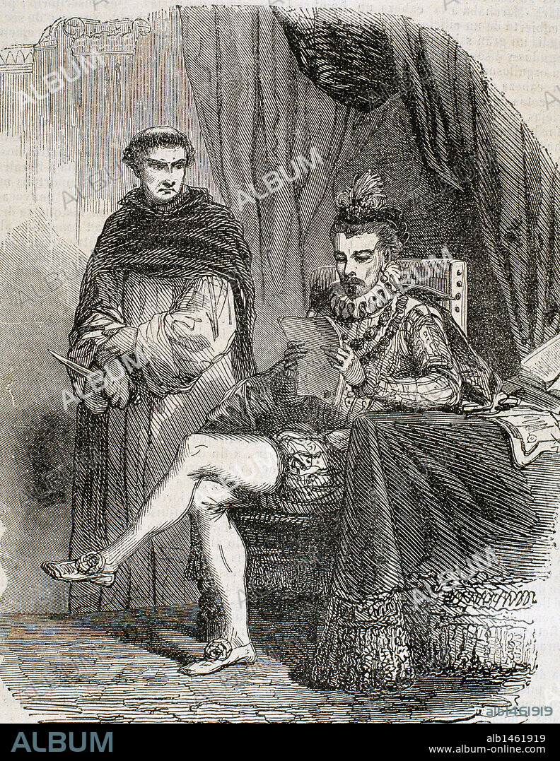 ENRIQUE III de Valois (Fontainebleau, 1551-Saint-Cloud,1589). Rey de Francia de 1574 a 1589. Responsable junto a su madre, Catalina de Medicis de la Noche de San Bartolomé (1572). Elegido Rey de Polonia (1573), abandonó este país para suceder a Carlos IX. Grabado por Dupré donde se representa al MONJE JACOBO CLEMENT, quien le asesinó.