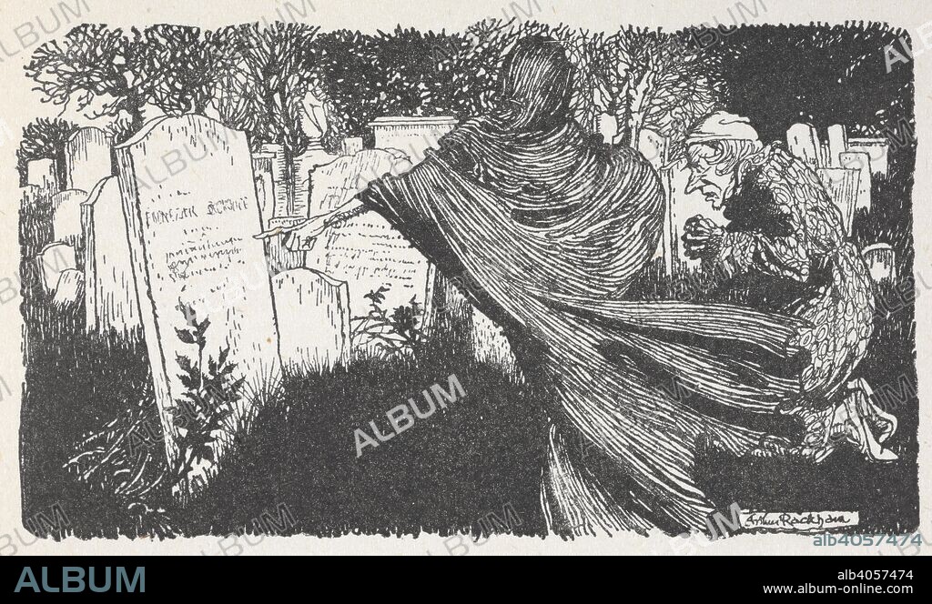 CHARLES DICKENS. Scrooge and a ghost in a graveyard at night. A Christmas Carol ... Illustrated by Arthur Rackham. London; J. B. Lippincott Co. Philadelphia : Wiiliam Heinemann, 1915. Source: 012622.g.37. page 111 detail.