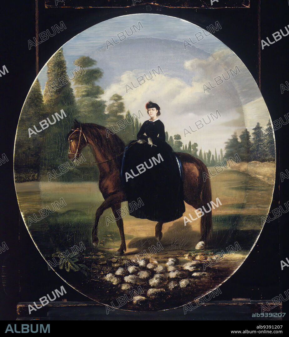 Portrait of Doña María Josefa Romero de Terreros y Gómez de Parada, Attributed to follower of Édouard Pingret, French, 1788-1875, Oil on canvas, Mexico, ca. 1865, Oval: 22 x 18 1/4 in., 55.9 x 46.4 cm, bossen, ca.1865, colonial, Follower of Pingret, French, horse, leisure, Mexico, noble, oil, oval format, paarden, painting, portrait, proud, rocks, side saddle, sidesaddle, spanish, Spanish Colonial, trotting, woman, women on horse, x-ray.
