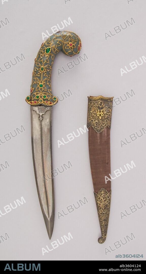 Dagger (Khanjar) with Sheath. Culture: hilt, Indian, Mughal; sheath, Indian, Kutch. Dimensions: H. with sheath 15 1/4 in. (38.7 cm); H. without sheath 15 1/8 in. (38.4 cm); H. of blade 9 3/4 in. (24.8 cm); W. 3 in. (7.6 cm); D. 1 1/8 in. (2.9 cm); Wt. 1 lb. 2.9 oz. (535.8 g); Wt. of sheath 2.9 oz. (82.2 g). Date: 18th-19th century.