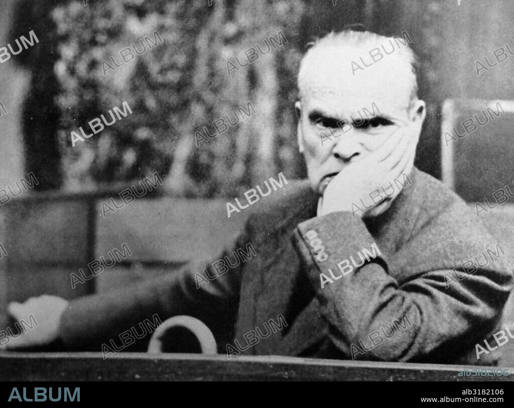 Hugo Sperrle (1885 – 1953) German field marshal of the Luftwaffe during World War II. Before the war he was commander of the Condor legion in Spain during the Spanish Civil War. His forces were deployed solely on the Western Front and the Mediterranean throughout the war. Seen here at his 1946 War crimes trial.