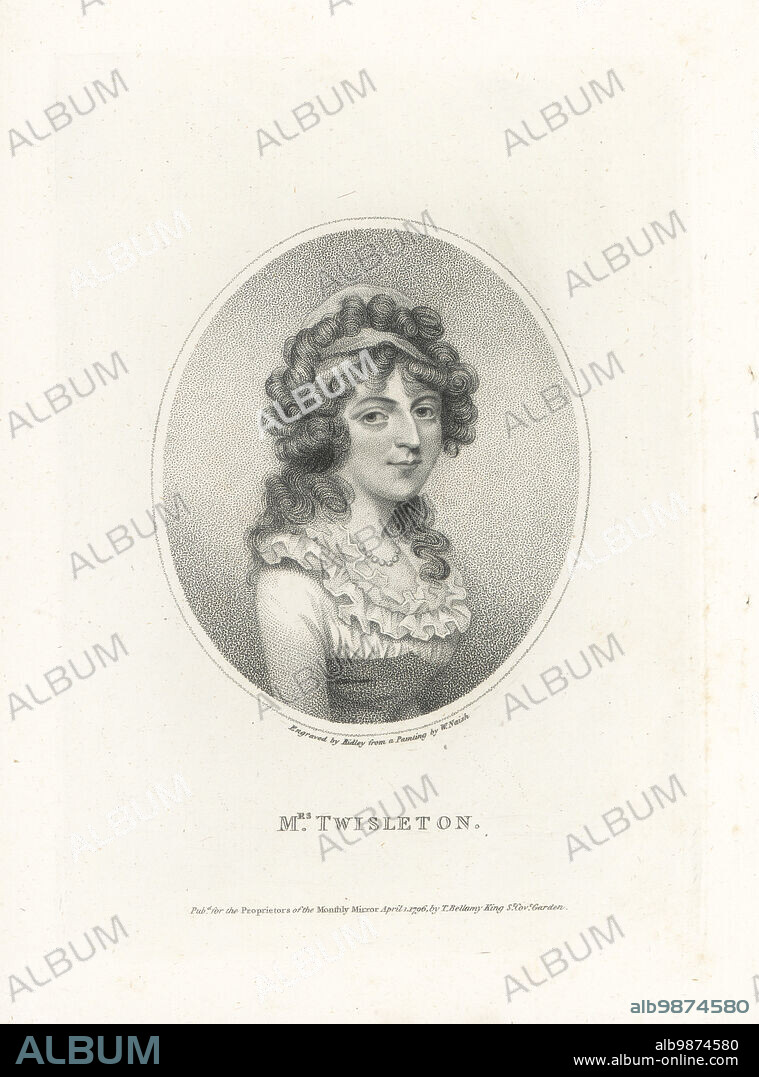 Charlotte Wattell, English Georgian actress and singer, wife of Thomas Twisleton, 1770-1812. Hair in ringlets, dress with ruffles, pearl choker. Appeared as Mrs Twisleton in Venice Preserv'd at Covent Garden, The Fair Penitent in Edinburgh, and later as Mrs Stanley. Copperplate stipple engraving by William Ridley after a portrait by William Naish published in the Monthly Mirror, T Bellamy, King Street, Covent Garden, April 1, 1796.