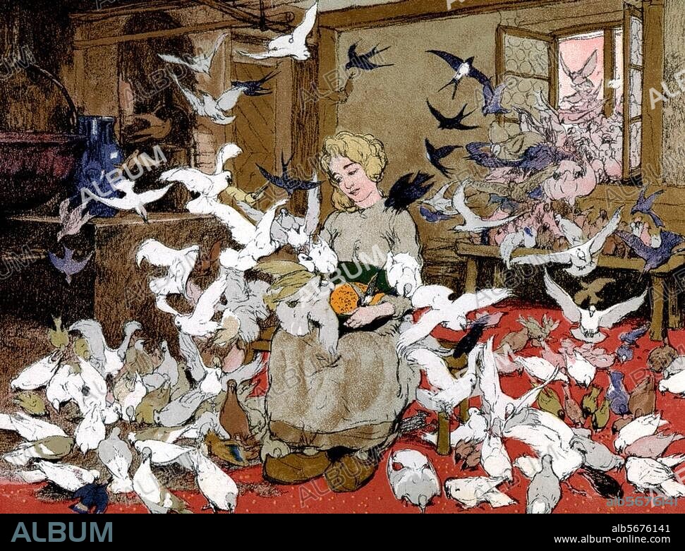 ADOLF MÜNZER. Märchen: Aschenputtel. Aschenputtel füttert die Tauben. Farblithographie von Adolf Münzer. (1870-1953). Aus: Aschenputtel, gez. v. Adolf Münzer, Mainz (Verlag von Jos. Scholz), 1903. (Scholz' Künstler-Bilderbücher "Das deutsche Bilderbuch", Serie A: Märchen. Nr. 3), S. 5. Berlin, Sammlung Archiv für Kunst und Geschichte.