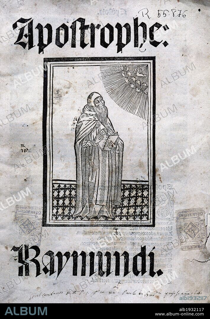 LITERATURA CATALANA. Siglos XIII-XIV. RAMON LLULL (1233-1315 ó 16). Filósofo y literato mallorquín. "LLIBRE DELS ARTICLES DE LA FE". Portada con la imagen de Ramón Llull. Impreso en Barcelona en el 1504. Bibliloteca Universitaria de Barcelona. Cataluña.