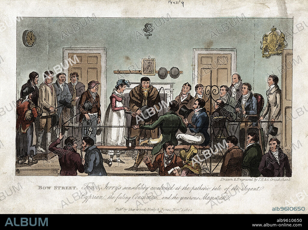 GEORGE CRUIKSHANK. Tom and Jerry as observers in the Bow Street Magistrate's Court, London, 1821. A shackled prisoner in the dock (left), an elegant Cyprian (prostitute) and a coachman giving evidence (centre). Illustration for Life in London by Pierce Egan, 1821.