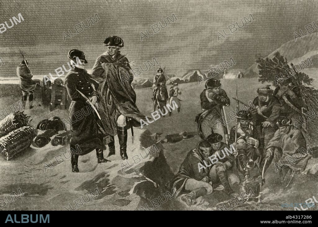 'Picture of the Camp at Valley Forge, showing military cloak and great coat worn by the officers and the Dutch blankets worn by the private soldiers', c1777, (1937). Valley Forge military encampment for the Continental Army was commanded by General George Washington. Troops spent the winter here from December 19, 1777 to June 19, 1778.  From "History of American Costume - Book One 1607-1800", by Elisabeth McClellan. [Tudor Publishing Company, New York, 1937].