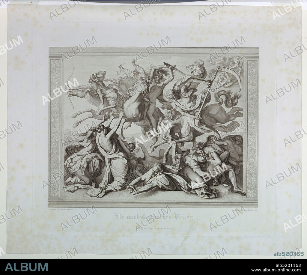 The Apocalyptic Riders, Julius Caesar Thaeter, German, 1804 - 1870, Peter von Cornelius, German, 1783 - 1867, Steel engraving on paper, The fore horsemen of the Apocalypse are seen descending on a group of people, who appear in attitudes of desperation. Complete state., Germany, Munich, Germany, 1849, Print, Print.
