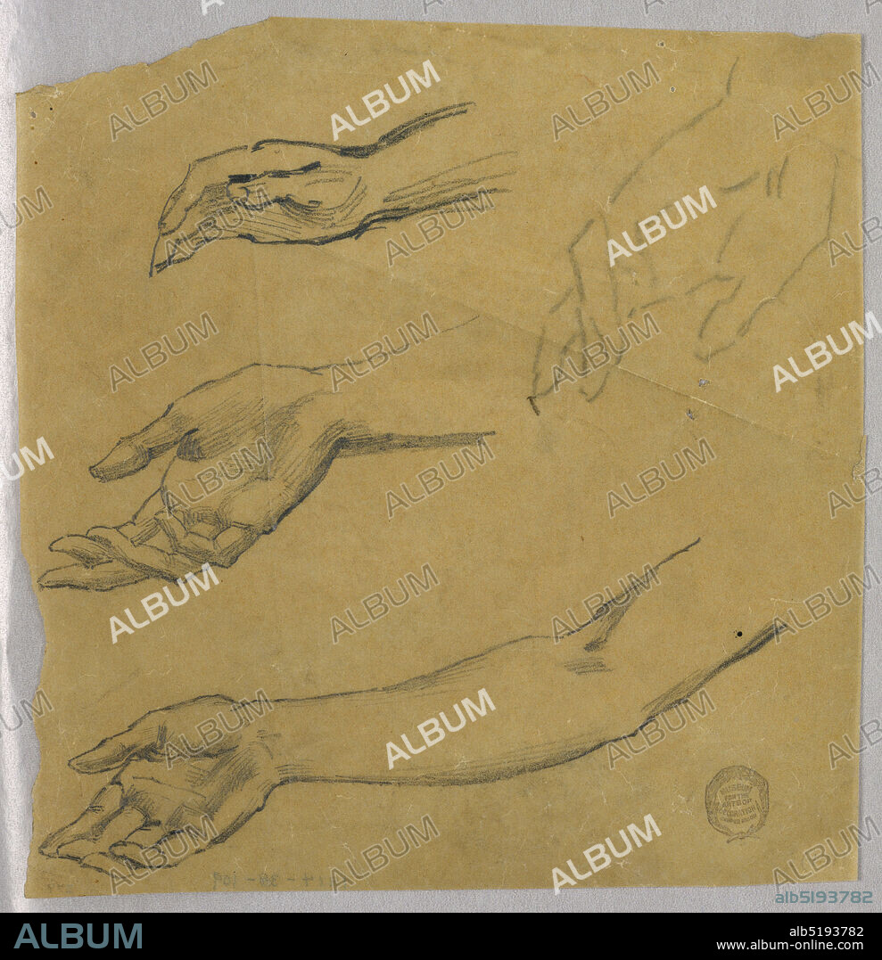 Three Studies of a Hand and Arm, Francis Augustus Lathrop, American, 1849 - 1909, Graphite on tracing paper, Top, right hand and wrist with palm downwards. Center, hand and wrist with palm upwards. Bottom, hand same as center, and arm. Verso: right hand, palm downwards, in blue crayon., USA, ca. 1895, figures, Drawing, Drawing.