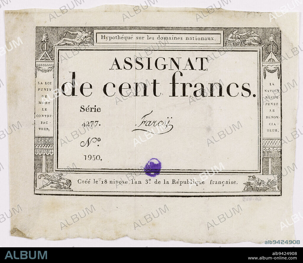 Assignat of 100 francs, series 4277 - n° 1950, 18 Nivôse year 3, Caisse de l'Extraordinaire, Issuing authority, Dupré, Engraver, Farcy, Signatory, Array, Numismatics, Manuscripts, printed matter, binding, Assignat, Dimensions - Work: Height: 12.6 cm, Width: 17.5 cm.