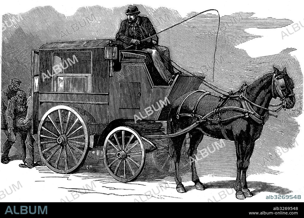 Francia. Modelo de coches usados en París para el transporte de enfermos. Grabado de 1885.