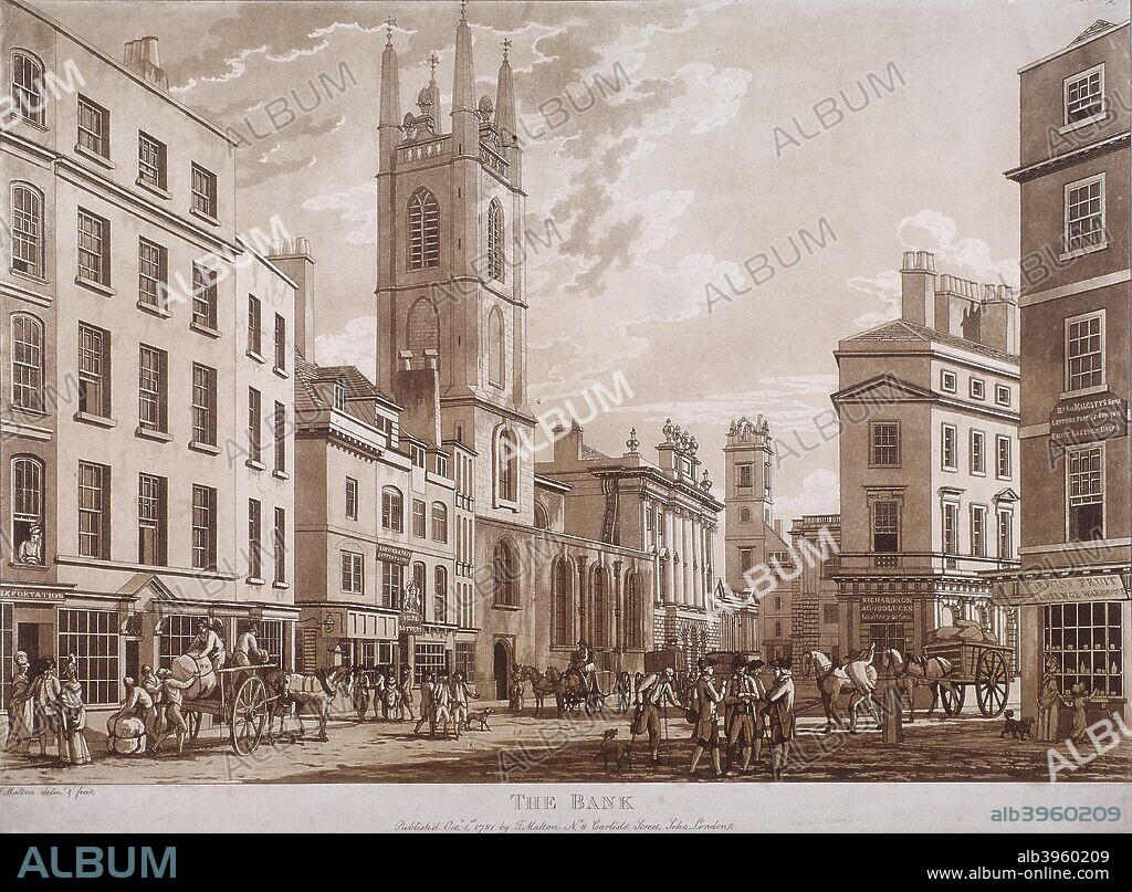 View of the Bank of England and St Christopher-le-Stocks, Threadneedle Street, London, 1781; with a street scene.