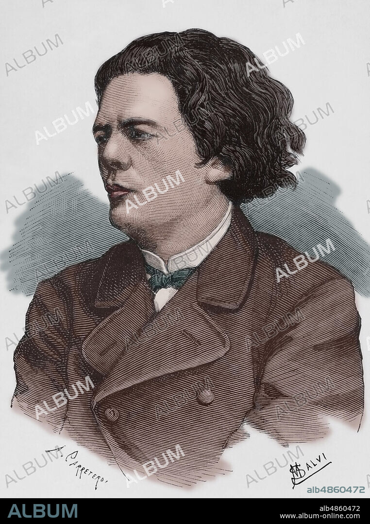 Anton Rubinstein (1829-1894). Russian composer and pianist. Portrait. Illustration by Salvi. Engraving by Carretero. La Ilustracion Espa–ola y Americana, 1881. Later colouration.