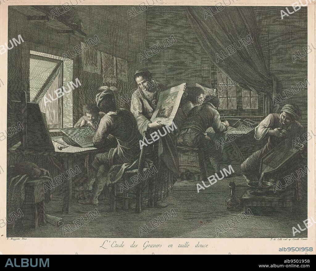 Printmaker's workshop, L'etude des gravers en taille douce (title on object), Printmaker's workshop with students learning the trade. At two tables, four people are busy making prints. To the right a boy is pouring etching water over a copper plate. In the center of the room, a man stands with a print in his hands. Over a cord in the corner, prints hang to dry., print maker: Pellegrino dal Colle, (mentioned on object), after painting by: Francesco Maggiotto, (mentioned on object), publisher: Nicolo Cavalli, (mentioned on object), Venice, 1747 - 1812, paper, etching, engraving, height 368 mm × width 448 mm.
