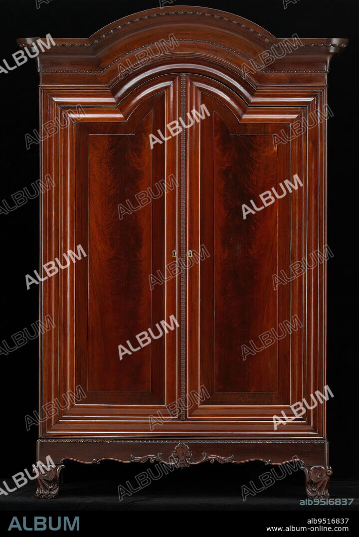 Wardrobe, c. 1863, B.J. Montgomery & Co., New Orleans, 97 x 64 1/2 x 23 in. (246.4 x 163.8 x 58.4 cm), Mahogany, United States, 19th century, By the mid-19th century, the wealth generated along the Mississippi River through agriculture processing and distribution, especially of cotton, prompted the importation of manufactured goods to New Orleans. Bundled furnishings unloaded there were transferred to steamboats and sent north, sometimes as far as Minnesota. This Grecian-style wardrobe traveled almost the entire length of the Mississippi - from the New Orleans furniture retailer B.J. Montgomery & Co. to the home of Mrs. James Phelps, wife of a dry goods merchant in St. Paul.