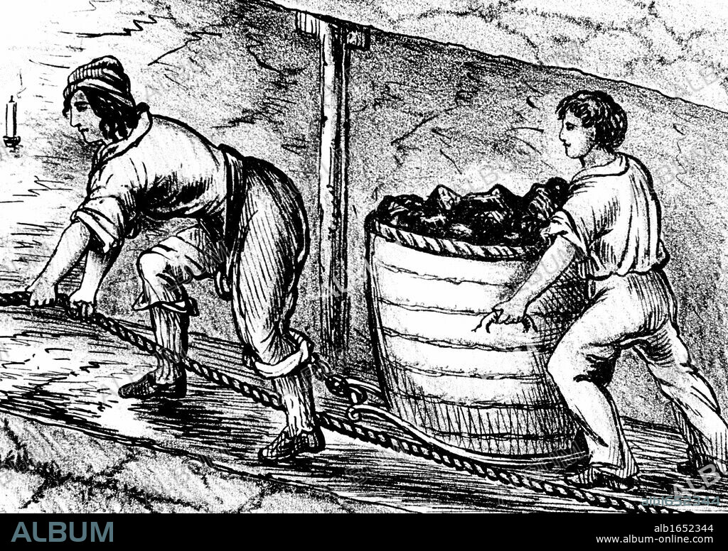 Woman and boy underground in coal mine drawing cart containing 3-4 cwt of coal - Bolton, Lancashire. From Matthias Dunn A Treatise on the Winning and Working of Collieries Newcastle-upon-Tyne 1848.