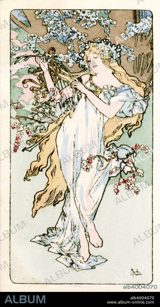 ALPHONSE MUCHA. 'Spring', 1900. A woman in a white dress and with long blond hair is playing a harp.