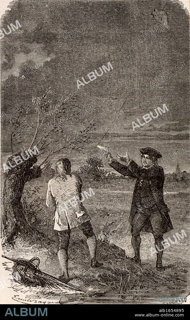 Artist's impression of the Benjamin Franklin's (1706-1790) investigation of the electrical nature of lightning, made at Philadelphia, USA, in September 1752. Franklin and his assistant are flying a kite in a thunderstorm and Franklin is drawing a spark off the kite string. Engraving from "Le Journal de la Jeunesse" (Paris, 1881). (Photo by: Universal History Archive/UIG via Getty Images).