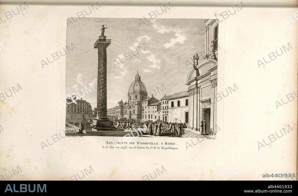 Assassination of Basseville, Rome, January 13, 1793, or 23 Nivôse Year 1 of the Republic, Assassination of Nicolas-Jean Hugou de Bassville in Rome on13., January 1793, signed: Sweebach Desfontaines inv. Et del, Berthault sculp, Fig. 9, no. 76, after p. 304 (Soixante-sixième tableau), Swebach de Fontaine, Jacques François Joseph (inv. et del.); Berthault, Pierre-Gabriel (sc.), Collection complète des tableaux historiques de la Révolution française en trois volumes [...]. Bd. 2. A Paris: chez Auber, Editeur, et seul Propriétaire: de l'Imprimerie de Pierre Didot l'aîné, an XI de la République Francçaise M. DCCCII.