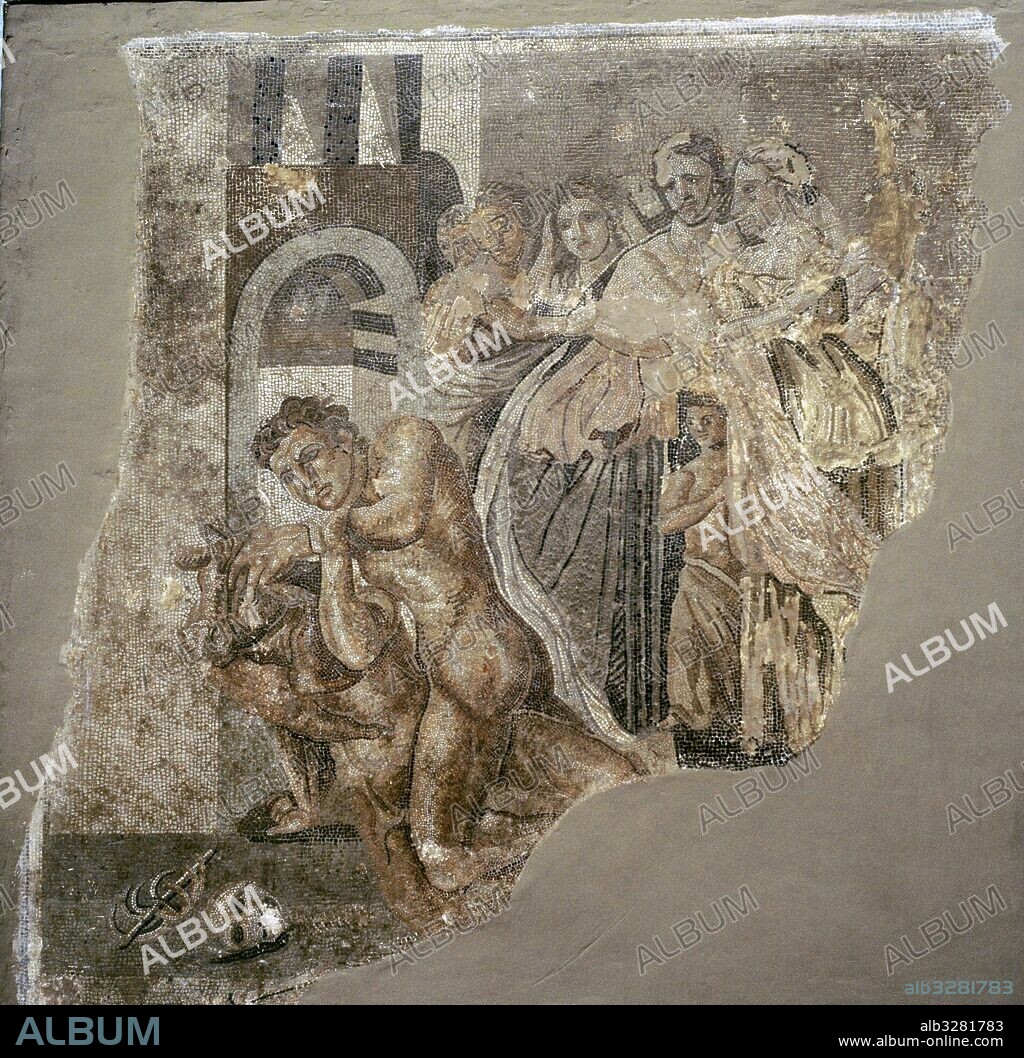 Mosaico romano. Teseo luchando contra el Minotauro. Procedente de Formia, Lazio. Colección de los mosaicos. Museo Arqueológico Nacional. Nápoles. Italia.