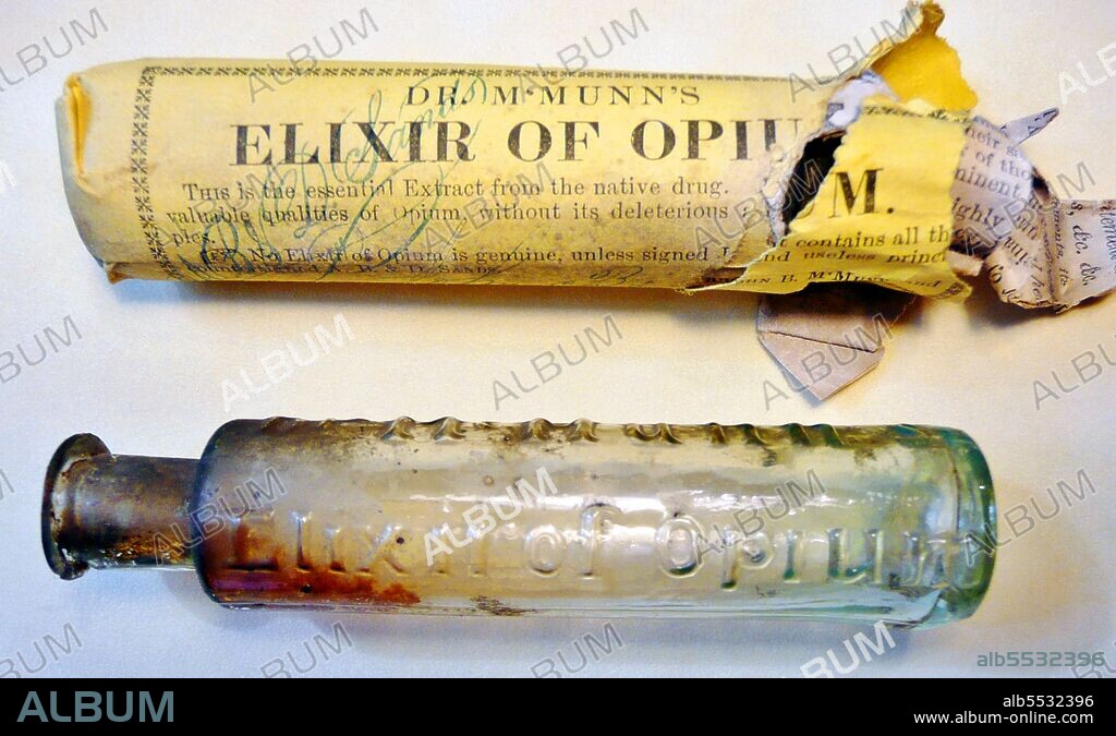 First formulated in the mid 1830s by Dr John B McMunn (or M’Munn), it became a big hit in the US once a drug company called A B Sands bought the recipe in 1841. The dosage instructions gave plenty of room for manoeuvre: To a child a month old, or younger, give from half a drop to two drops; to a child 6 months old, from 3 to 10 drops; and to adults from 10 to 60 drops (or even double or treble that much, if the pain and other symptoms be severe and urgent) mixed in two or three teaspoonsfuls of water, according to the size of the dose. As the administration of every medicine should be governed by its effects, it is proper to begin with the smallest dose, and increase or repeat it at proper intervals until the desired effects are produced. In 1864 the original recipe came to light, showing the process of treating opium with sulphuric ether to remove the narcotine and make the product safe – a nice idea but narcotine doesn’t have narcotic properties anyway, and the medicine certainly was not safe. It was as addictive as any other opium product –  in the early 20th century, for example, George Pettey M.D. related the case of a woman who had taken the Elixir for 31 years, losing 16 newborn babies to the congenital effects.