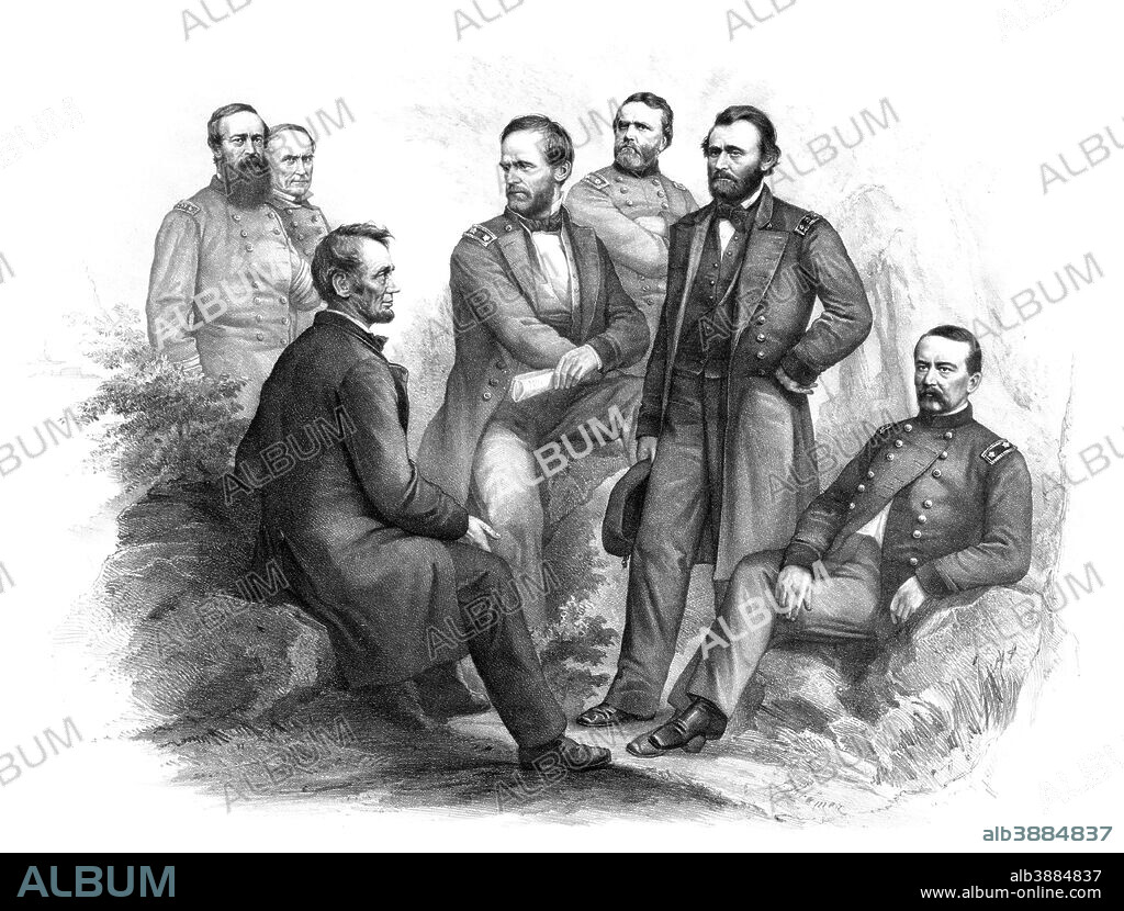 Digitally restored vintage Civil War artwork of Abraham Lincoln and his commanders. Front row are, President Lincoln, General Sherman, General Grant, and General Sheridan. Back row are, Admiral Porter, Admiral Farragut, and General Thomas.