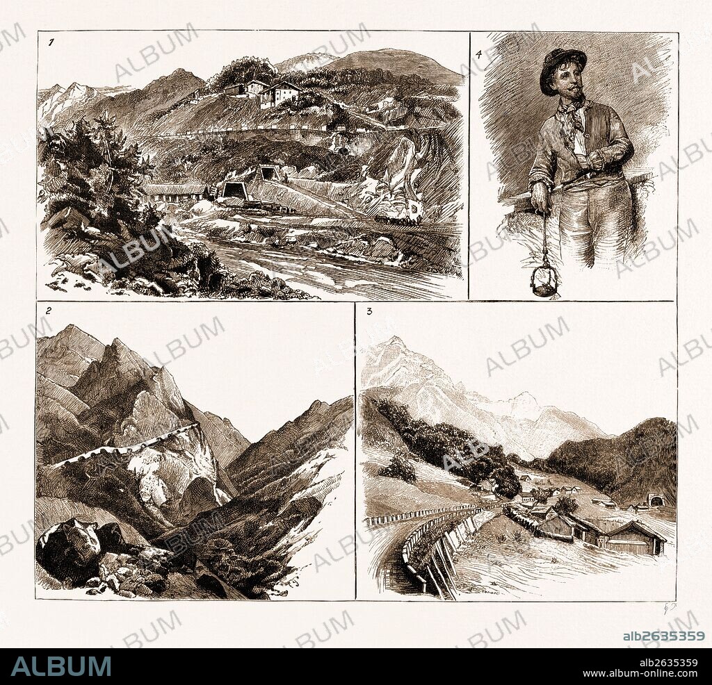THE ARLBERG MOUNTAIN RAILWAY BETWEEN INNSBRUCK AND BLUDENZ, AUSTRIA, 1883: 1. Arlberg Road and Tunnel near St. Anton. 2. Arlberg Road near Stuben. 3. Arlberg Road and Tunnel near Langen. 4. An Italian Tunnel-Worker at the Arlberg.