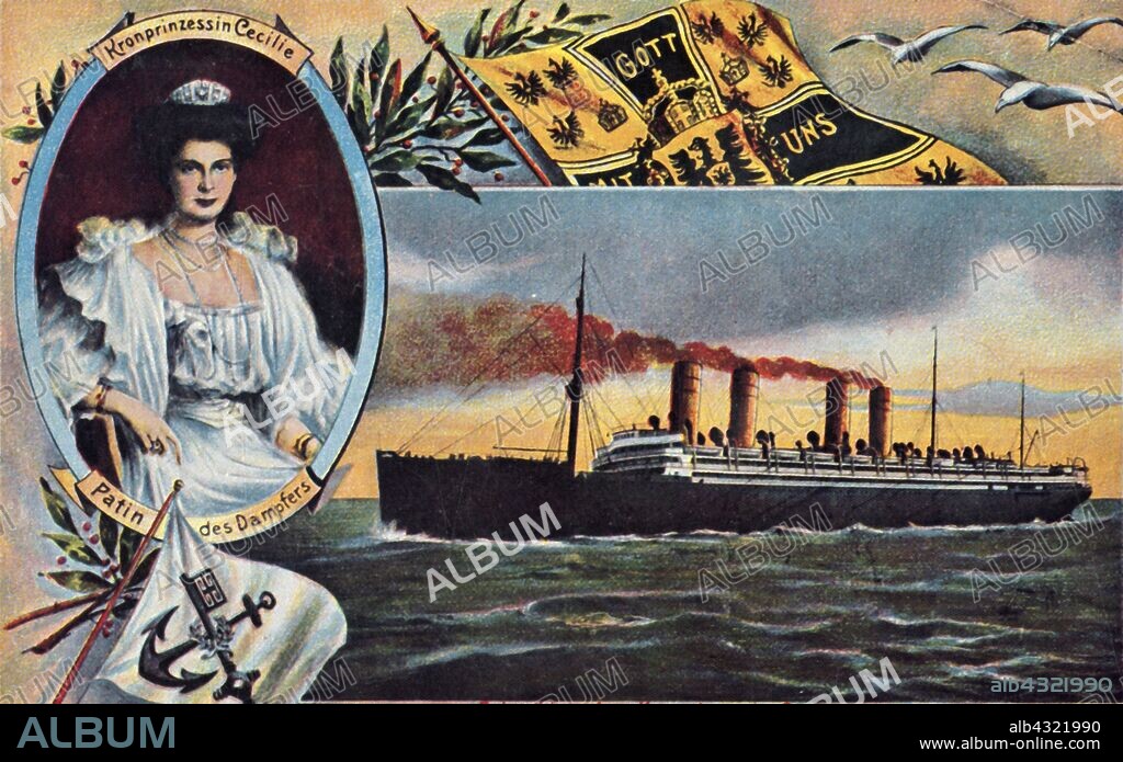 The SS 'Kronprinzessin Cecilie', c1910. Passenger ship named after the German crown princess, Duchess Cecilie of Mecklenburg-Schwerin (1886-1954), and operated by the North German Lloyd (Norddeutscher Lloyd) shipping line. She entered service in 1907 on the Bremen-Southampton-New York run. She was seized by the US Government during World War I, renamed the USS 'Mount Vernon', and served as a troopship. Postcard.