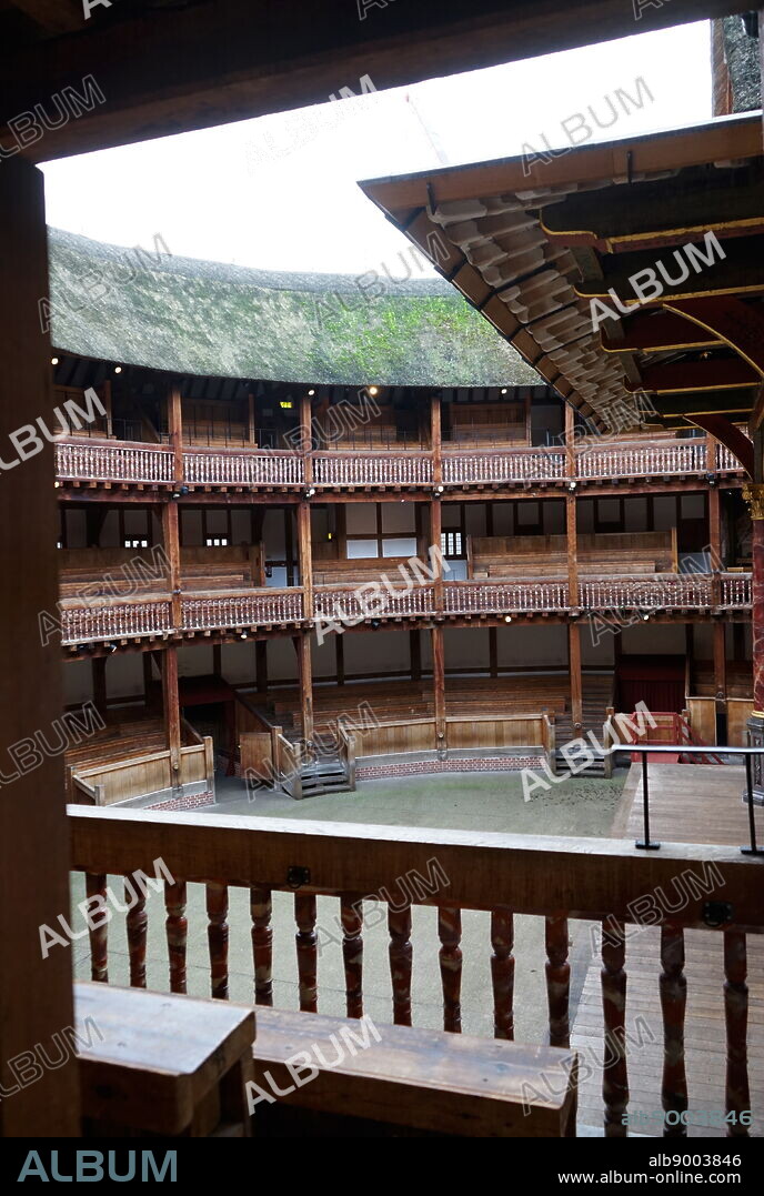 Interior of the Globe Theatre London, associated with William Shakespeare. Built in 16th Century by Shakespeare's playing company, the Lord Chamberlain's Men. London. Dated 2015.
