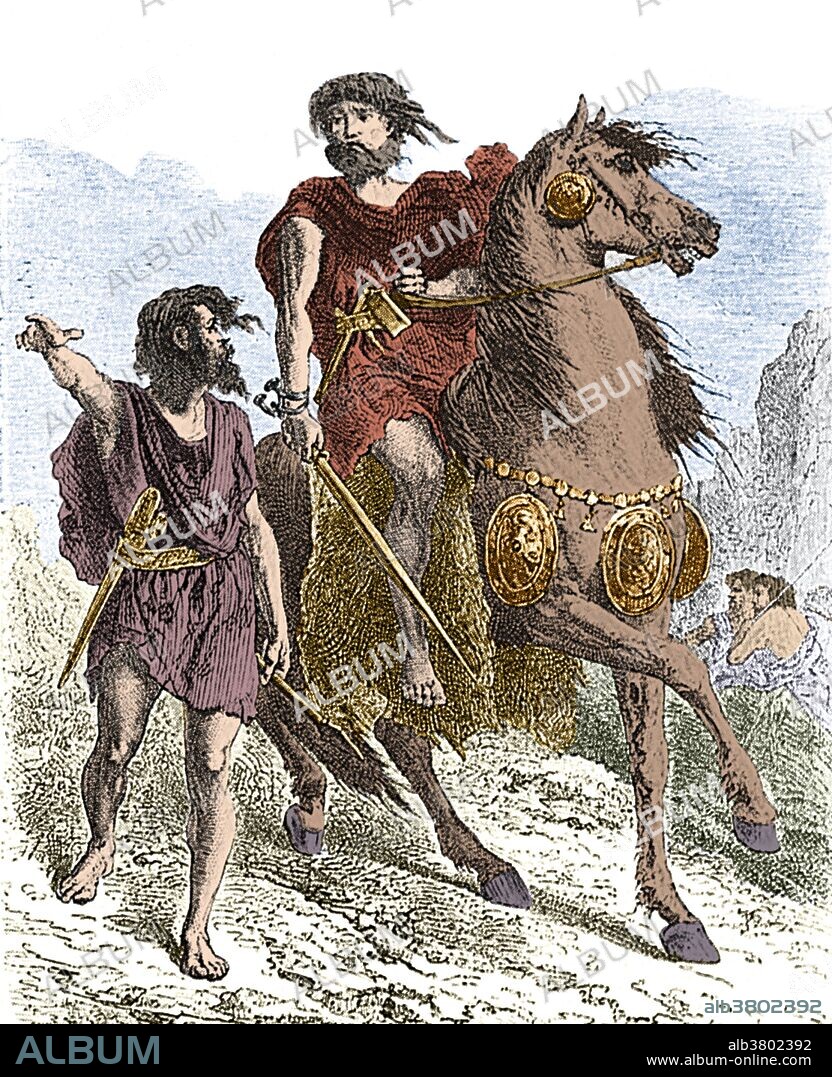 Colorized illustration of a bronze age warrior. Bronze age warriors were the first knights. Horseback riding became widespread in the late Bronze Age and the men used slashing swords for fighting. The Bronze Age is a period characterized by the use of copper and its alloy bronze as the chief hard materials in the manufacture of some implements and weapons. Chronologically, it stands between the Stone Age and Iron Age. Humans learned how to smelt, melt, cast, rivet, and to forge copper and bronze. Bronze Age swords appear from around the 17th century BC, in the Black Sea region and the Aegean, evolving out of the dagger. They are replaced by the Iron Age sword during the early part of the 1st millennium BC. Bronze Age swords were strong, but not brittle. They would bend, rather than break, in battle. The blades were shaped as to get the maximum strength out of the material, while still affording balance and cutting/thrusting ability.